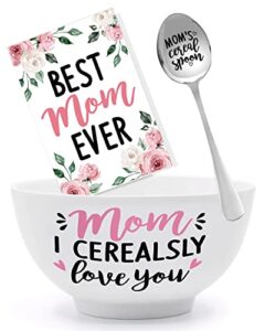 mom's cereal bowl and spoon set with best mom ever greeting card christmas mother's birthday engraved gift box basket idea for her cerealsly love you mommy present set of 3 thanksgiving new year