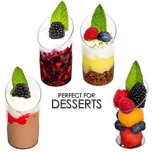 DLux 32 x 2.5 oz Mini Dessert Cups with Spoons, Slanted Round - Clear Plastic Parfait Appetizer Cup - Small Reusable Serving Bowl for Tasting Party Desserts Appetizers - With Recipe Ebook