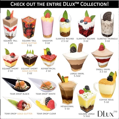 DLux 32 x 2.5 oz Mini Dessert Cups with Spoons, Slanted Round - Clear Plastic Parfait Appetizer Cup - Small Reusable Serving Bowl for Tasting Party Desserts Appetizers - With Recipe Ebook