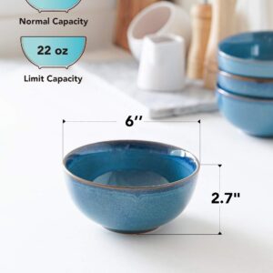 LE TAUCI Cereal Bowls 6 Inch, Ceramic Bowl Set for Soup, Dessert, Fruits, Salad, Noodle, Ramen, 22 Ounce Bowls for Kitchen, Set of 4, Ceylon blue