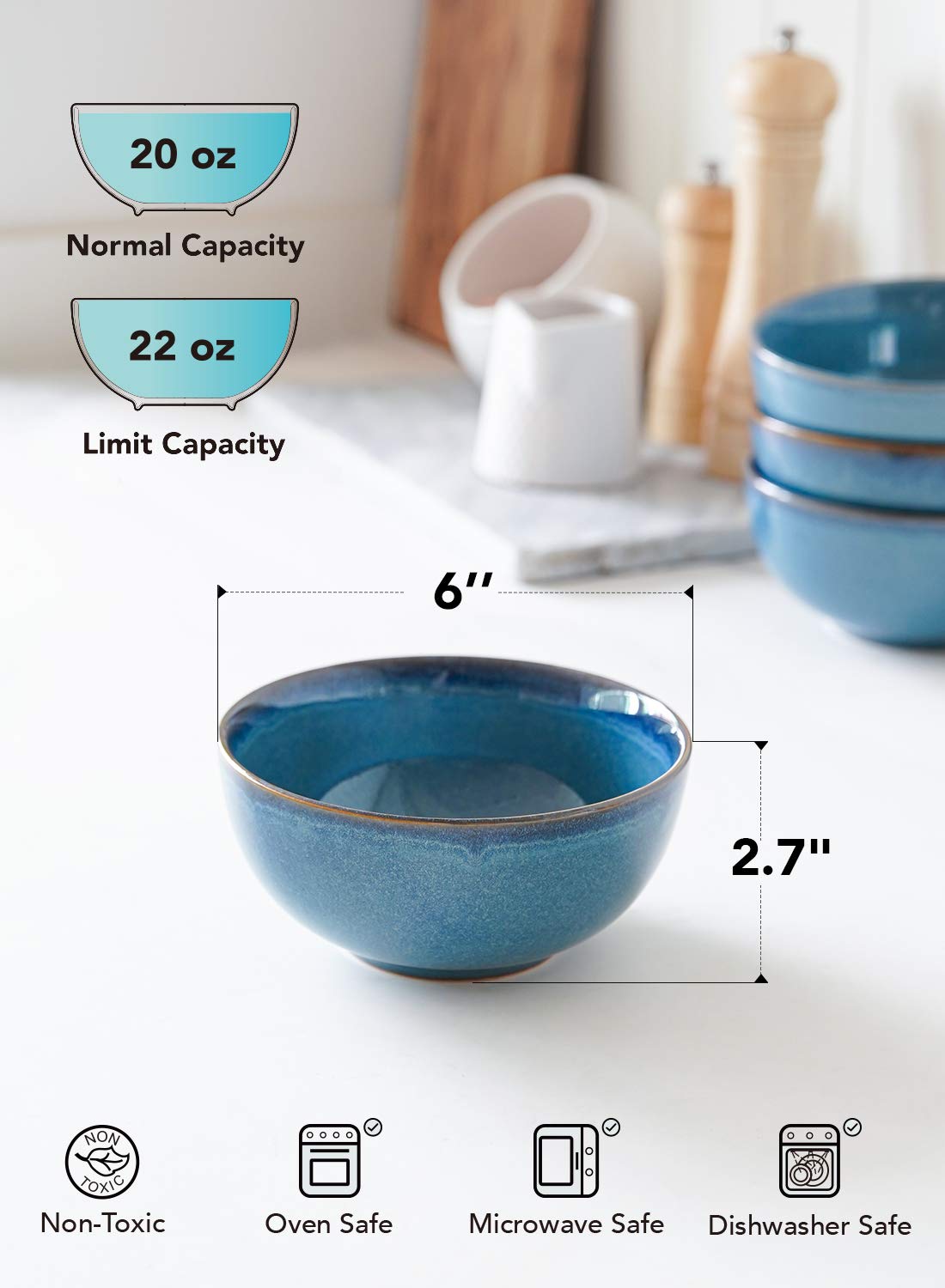 LE TAUCI Cereal Bowls 6 Inch, Ceramic Bowl Set for Soup, Dessert, Fruits, Salad, Noodle, Ramen, 22 Ounce Bowls for Kitchen, Set of 4, Ceylon blue