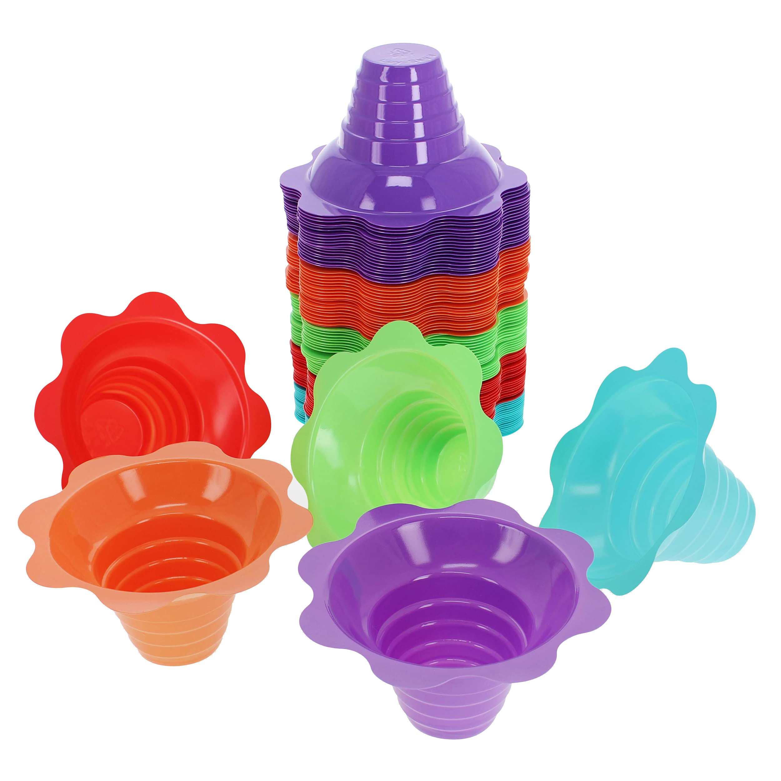 Lot45 Snow Cone Bowls - Reusable Colorful Plastic 100pc Shaved Ice Flower Cups - Holds 4oz of Desserts and Snacks