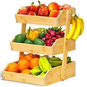 gmtsl bamboo fruit basket – 3 tier fruit bowl for kitchen counter, large capacity fruit holder with 2 banana hangers, idea for fruit and vegetable storage, bread basket, snack organizer(bamboo)