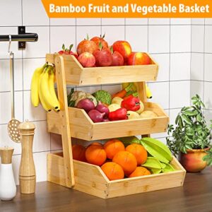 Gmtsl Bamboo Fruit Basket – 3 Tier Fruit Bowl For Kitchen Counter, Large Capacity Fruit Holder With 2 Banana Hangers, Idea For Fruit and Vegetable Storage, Bread Basket, Snack Organizer(BAMBOO)