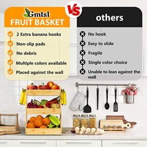 Gmtsl Bamboo Fruit Basket – 3 Tier Fruit Bowl For Kitchen Counter, Large Capacity Fruit Holder With 2 Banana Hangers, Idea For Fruit and Vegetable Storage, Bread Basket, Snack Organizer(BAMBOO)