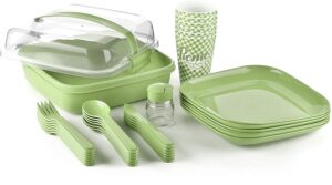 tribello camping picnic dishes set with case, (set for 6) 32 plastic reusable cutlery set - bpa free - microwave / dishwasher safe