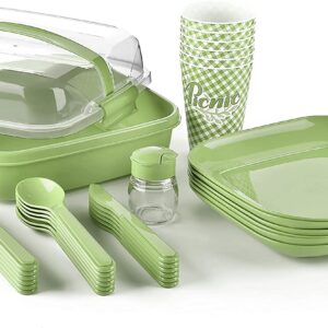 Tribello Camping Picnic Dishes Set with Case, (Set for 6) 32 Plastic Reusable Cutlery Set - BPA Free - Microwave / Dishwasher Safe