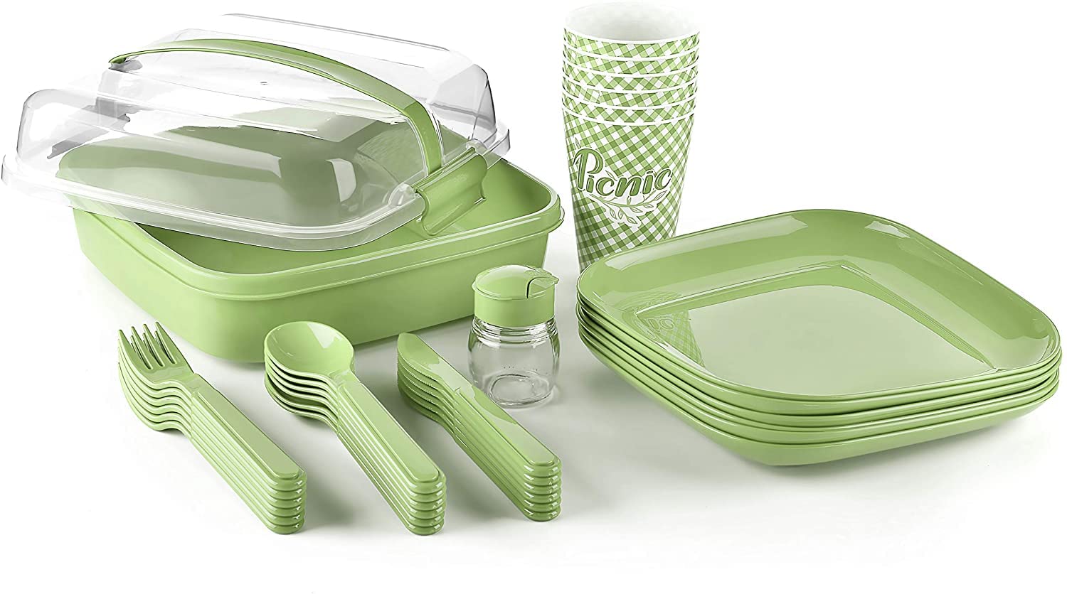 Tribello Camping Picnic Dishes Set with Case, (Set for 6) 32 Plastic Reusable Cutlery Set - BPA Free - Microwave / Dishwasher Safe