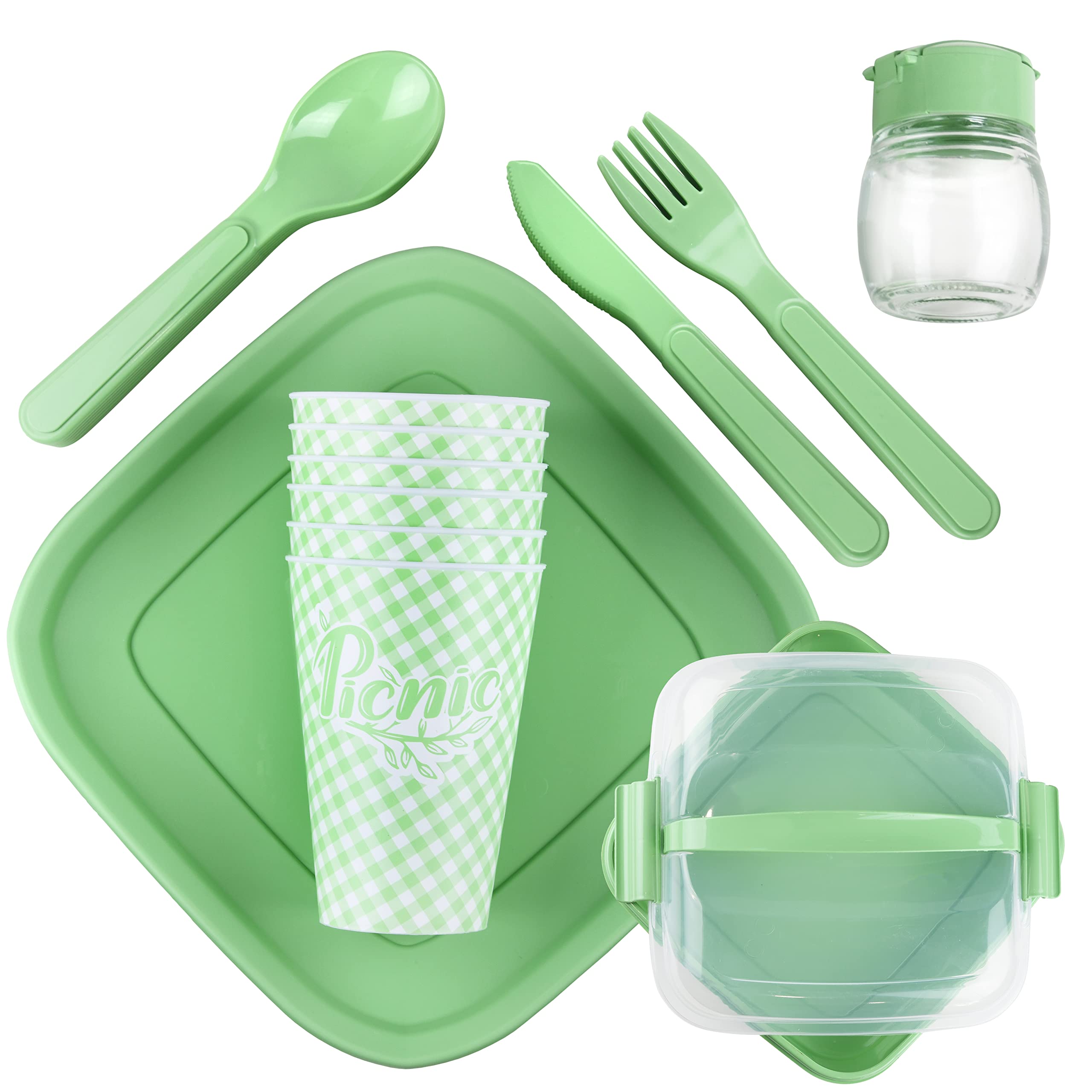 Tribello Camping Picnic Dishes Set with Case, (Set for 6) 32 Plastic Reusable Cutlery Set - BPA Free - Microwave / Dishwasher Safe