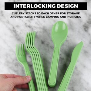 Tribello Camping Picnic Dishes Set with Case, (Set for 6) 32 Plastic Reusable Cutlery Set - BPA Free - Microwave / Dishwasher Safe