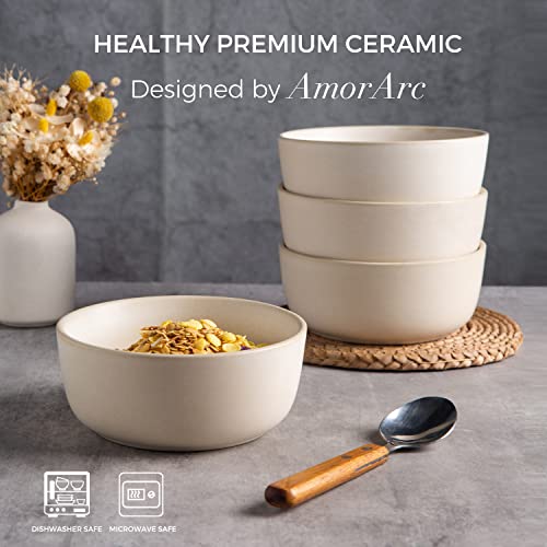 AmorArc Stoneware Cereal Bowls Set of 4, 26oz Soup Bowls Set for Cereal Soup Snacks, Modern Kitchen bowls for Meal, Dishwasher &Microwave Safe, Matte Ivory