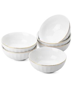btat- white porcelain bowls with gold trim, 16 ounces, set of 6, white bowls set of 6, white cereal bowls, white salad bowls, porcelain cereal bowls, porcelain soup bowls, deep bowls