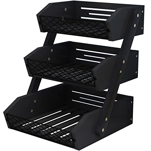 Dorhors 3 Tier Fruit Basket for Kitchen,Fruit Bowl for Kitchen Counter,Wood Fruit Holder for Kitchen Countertop,Black