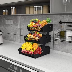 Dorhors 3 Tier Fruit Basket for Kitchen,Fruit Bowl for Kitchen Counter,Wood Fruit Holder for Kitchen Countertop,Black