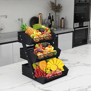 Dorhors 3 Tier Fruit Basket for Kitchen,Fruit Bowl for Kitchen Counter,Wood Fruit Holder for Kitchen Countertop,Black