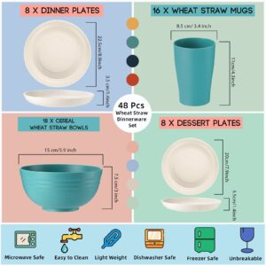 Aoriher 48 Pack Wheat Straw Dinnerware Sets Dishwasher Microwave Safe Dishes Set for 8 Unbreakable Lightweight Plastic Cup Plates and Bowls Sets Reusable Tableware Set for Kitchen Room Camping