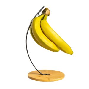 TIEYIPIN Banana Holder Stand, Banana Hanger Hook, Banana Keeper Rack - Black (Metal Hook and Circular Bamboo Base)