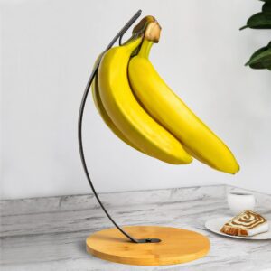 TIEYIPIN Banana Holder Stand, Banana Hanger Hook, Banana Keeper Rack - Black (Metal Hook and Circular Bamboo Base)