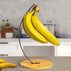 TIEYIPIN Banana Holder Stand, Banana Hanger Hook, Banana Keeper Rack - Black (Metal Hook and Circular Bamboo Base)