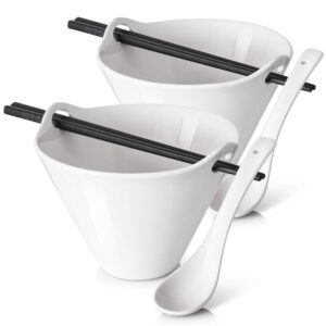 dowan ramen bowls set of 2, japanese noodle bowls with chopsticks and spoons, 20 ounce deep pho bowls, white kitchen bowls for ramen, soup, dishwasher & microwave