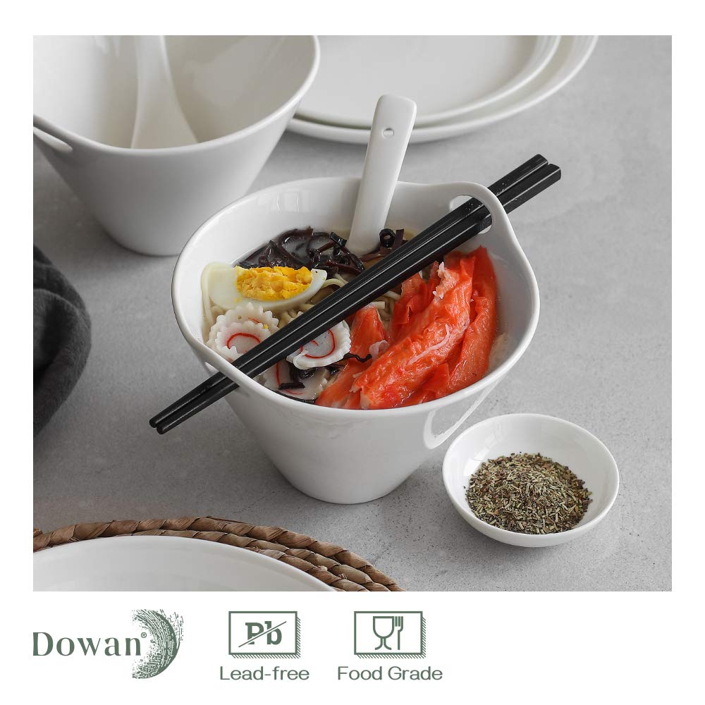 DOWAN Ramen Bowls Set of 2, Japanese Noodle Bowls with Chopsticks and Spoons, 20 Ounce Deep Pho Bowls, White Kitchen Bowls for Ramen, Soup, Dishwasher & Microwave