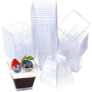 oomcu 100 pack 2 oz small square clear plastic dessert tumbler cups mini disposable serving bowls for desserts appetizers puddings ice cream yogurt chocolate candies mousse (2" x 1.2" x 1.8")