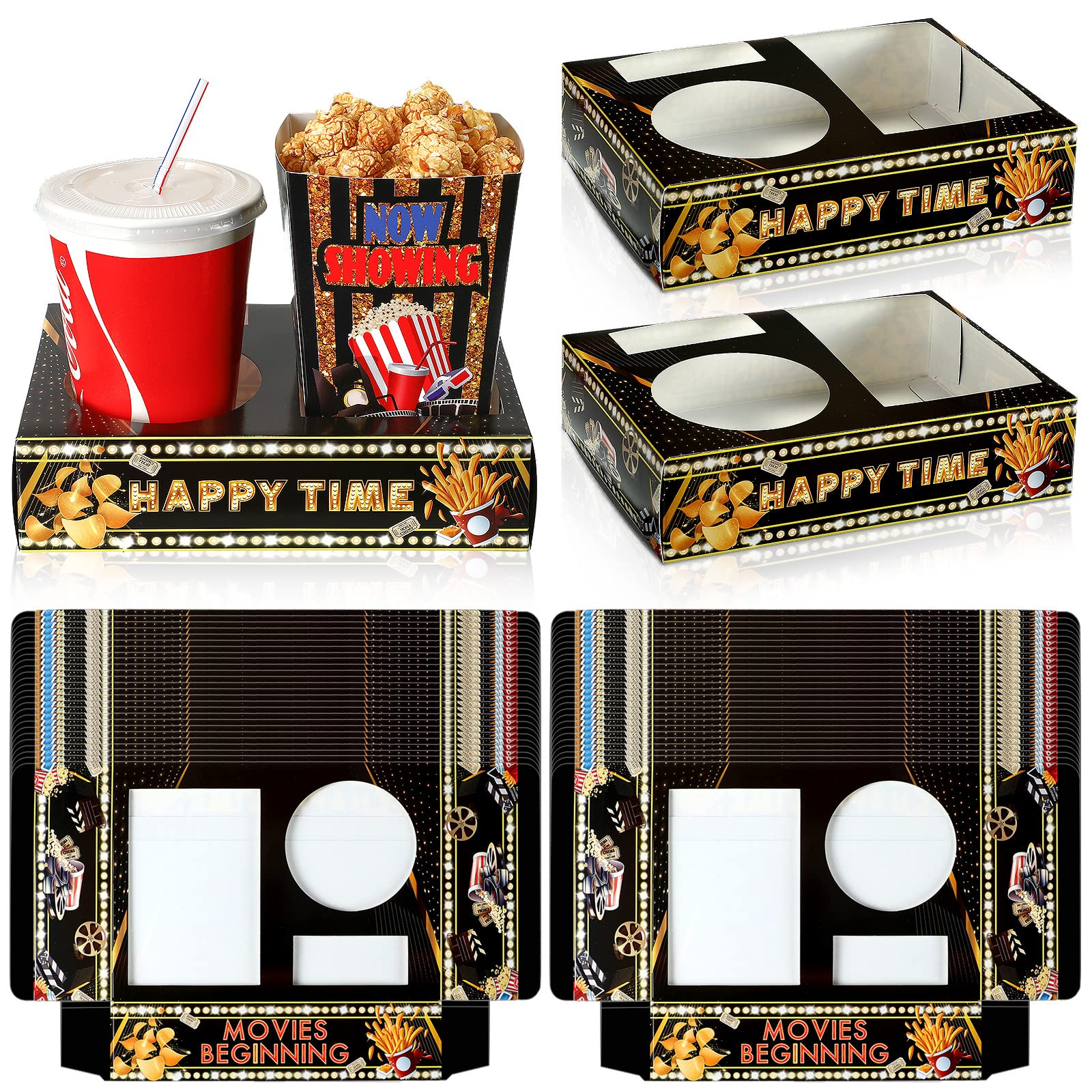 36 Pcs Movie Night Snack Trays Movie Theater Snack Boxes Movie Night Supplies Disposable Paper Snack Holder Kid's Movie Trays for Popcorn Food Candy Drink Party Family, 8 x 6 inch (Cute Pattern)