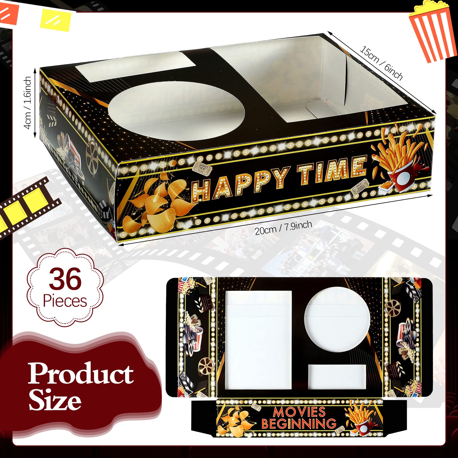 36 Pcs Movie Night Snack Trays Movie Theater Snack Boxes Movie Night Supplies Disposable Paper Snack Holder Kid's Movie Trays for Popcorn Food Candy Drink Party Family, 8 x 6 inch (Cute Pattern)