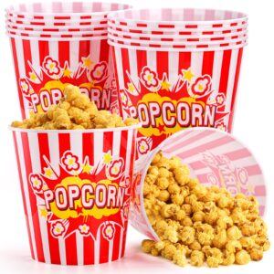 youeon 12 pack large plastic popcorn bowls, 85 oz reusable popcorn containers in red & white striped retro style, popcorn buckets for movie night, theater, party theme
