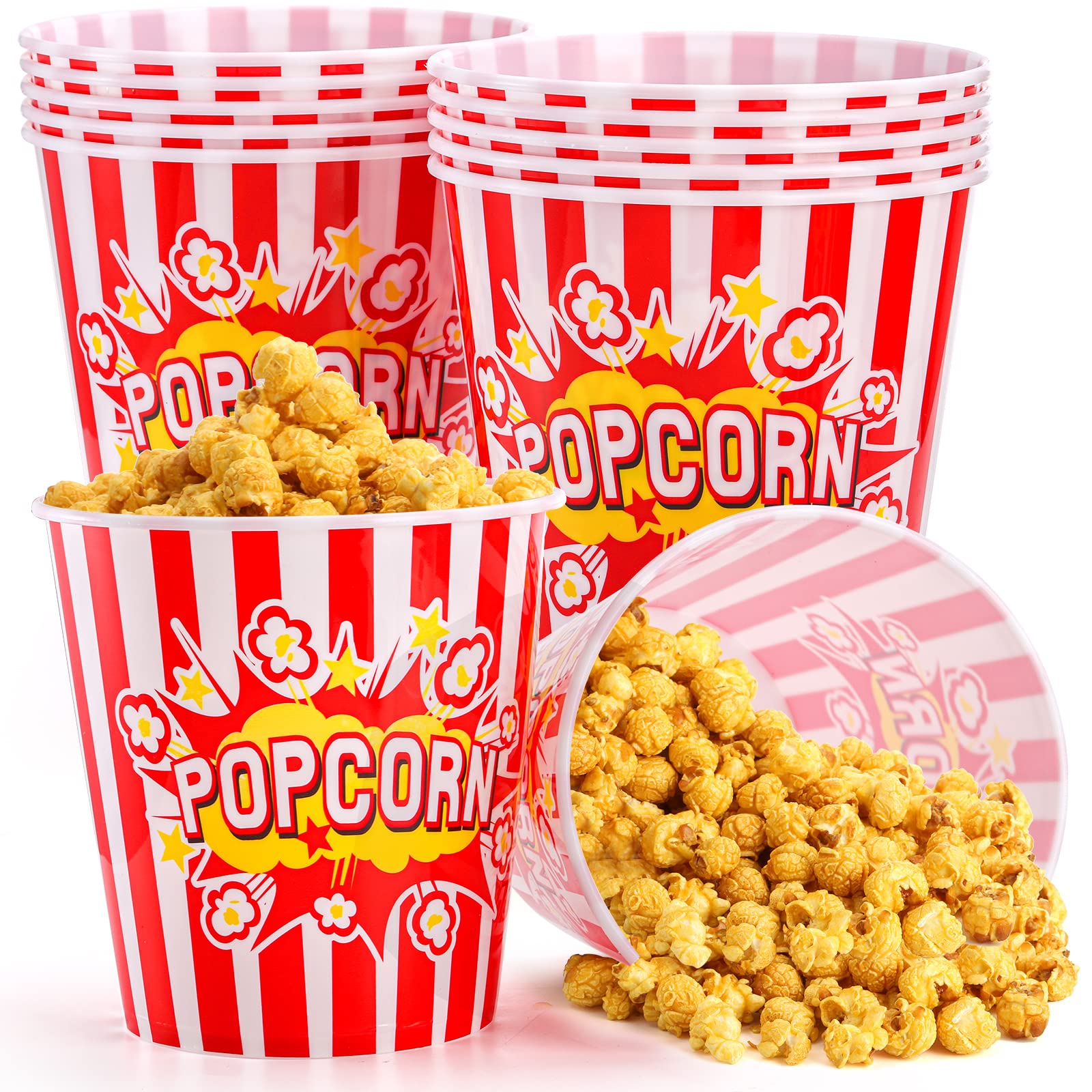 YOUEON 12 Pack Large Plastic Popcorn Bowls, 85 Oz Reusable Popcorn Containers in Red & White Striped Retro Style, Popcorn Buckets for Movie Night, Theater, Party Theme