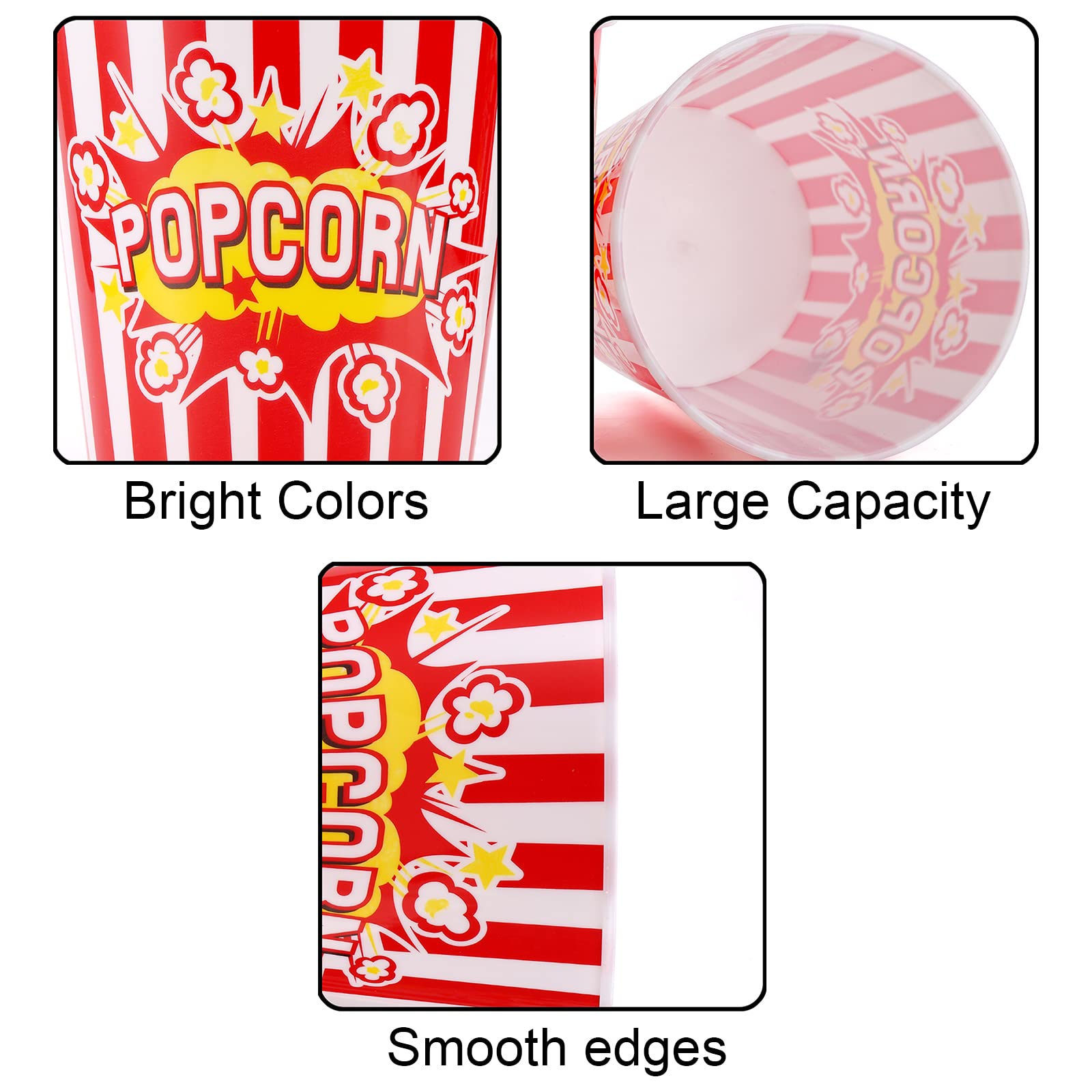 YOUEON 12 Pack Large Plastic Popcorn Bowls, 85 Oz Reusable Popcorn Containers in Red & White Striped Retro Style, Popcorn Buckets for Movie Night, Theater, Party Theme