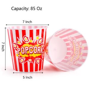 YOUEON 12 Pack Large Plastic Popcorn Bowls, 85 Oz Reusable Popcorn Containers in Red & White Striped Retro Style, Popcorn Buckets for Movie Night, Theater, Party Theme