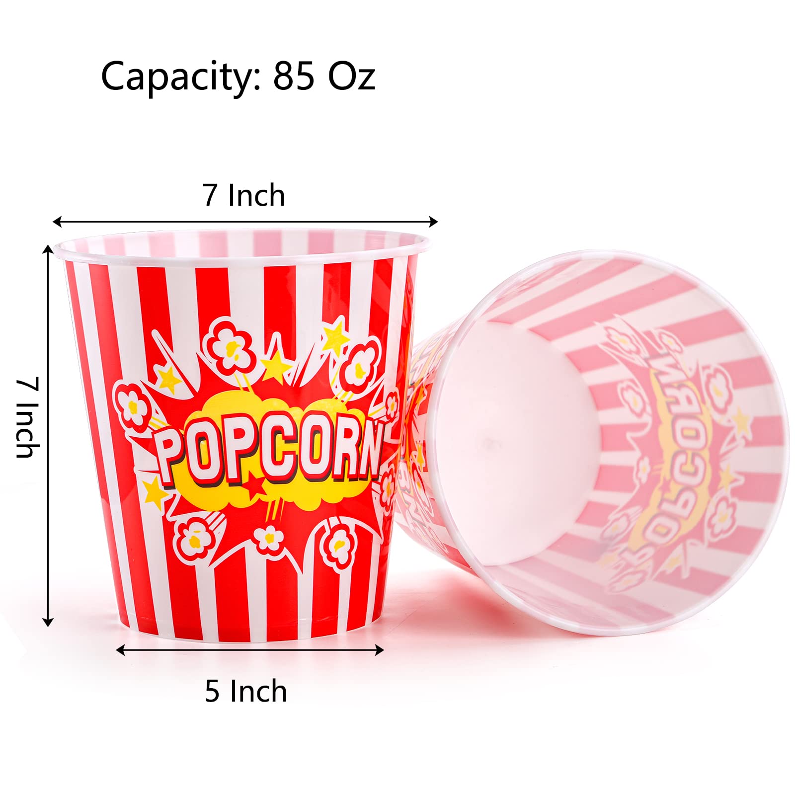 YOUEON 12 Pack Large Plastic Popcorn Bowls, 85 Oz Reusable Popcorn Containers in Red & White Striped Retro Style, Popcorn Buckets for Movie Night, Theater, Party Theme