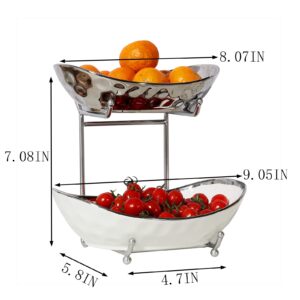 Acliys Fruit Bowl, Ceramic Fruit Basket, 2 Tier Serving Stand Serving Bowl with Metal Rack, Porcelain Kitchen Bowls for Vegetable Storage Snack Nuts Dessert Cake Tray for Party Wedding…