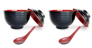 japanbargain 3422, set of 2 japanese style soup bowl with lid and spoon set miso soup bowl rice bowl snack bowl dessert bowl appetizer bowl, black and red color, 11 oz