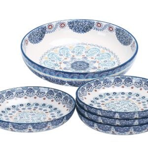 Bico Blue Talavera Ceramic Pasta Bowl, Set of 5(1 unit 214oz, 4 units 35oz), for Pasta, Salad, Microwave & Dishwasher Safe, House Warming Gift