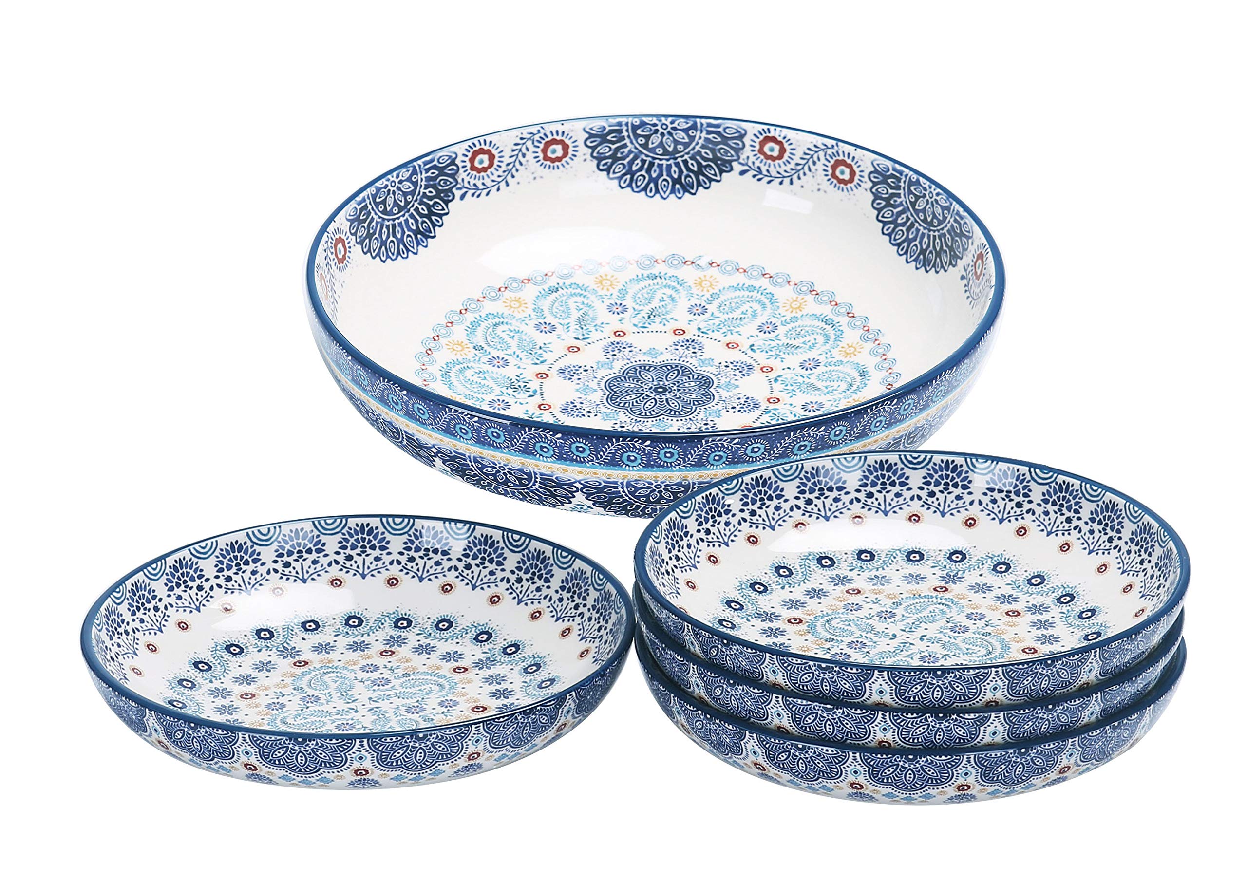 Bico Blue Talavera Ceramic Pasta Bowl, Set of 5(1 unit 214oz, 4 units 35oz), for Pasta, Salad, Microwave & Dishwasher Safe, House Warming Gift