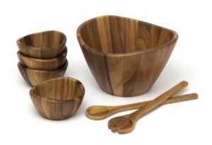 lipper international acacia wave bowl set with servers, 162.31 fluid ounces