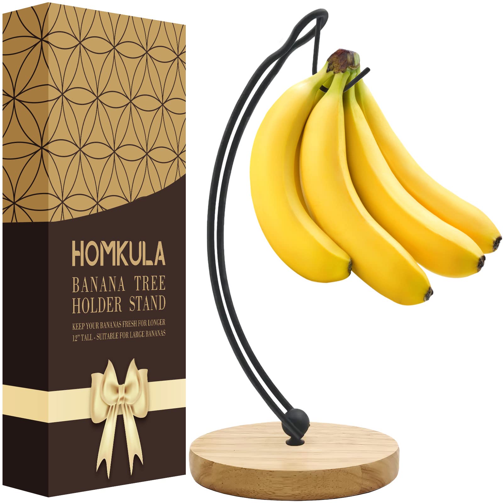 HOMKULA Banana Holder Stand - Fruit Bowl, Modern Banana Hanger, Banana Tree Hanger with Bold Stainless Steel & Thickened Wood Base, Banana Rack for Kitchen Counter (Black V1)