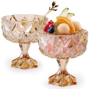 elvasen dessert glass bowls, 280ml ice cream footed dessert cups glass - glass dessert cups for trifle parfait sundae and nuts tasters set of 2 - glass dessert bowls with spoon (amber)