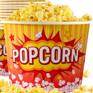 greaseproof, retro 85oz popcorn buckets 50 pack. reusable and durable pop corn tubs in red yellow. large disposable containers perfect for movie night, theme party, theater, carnivals & fundraisers