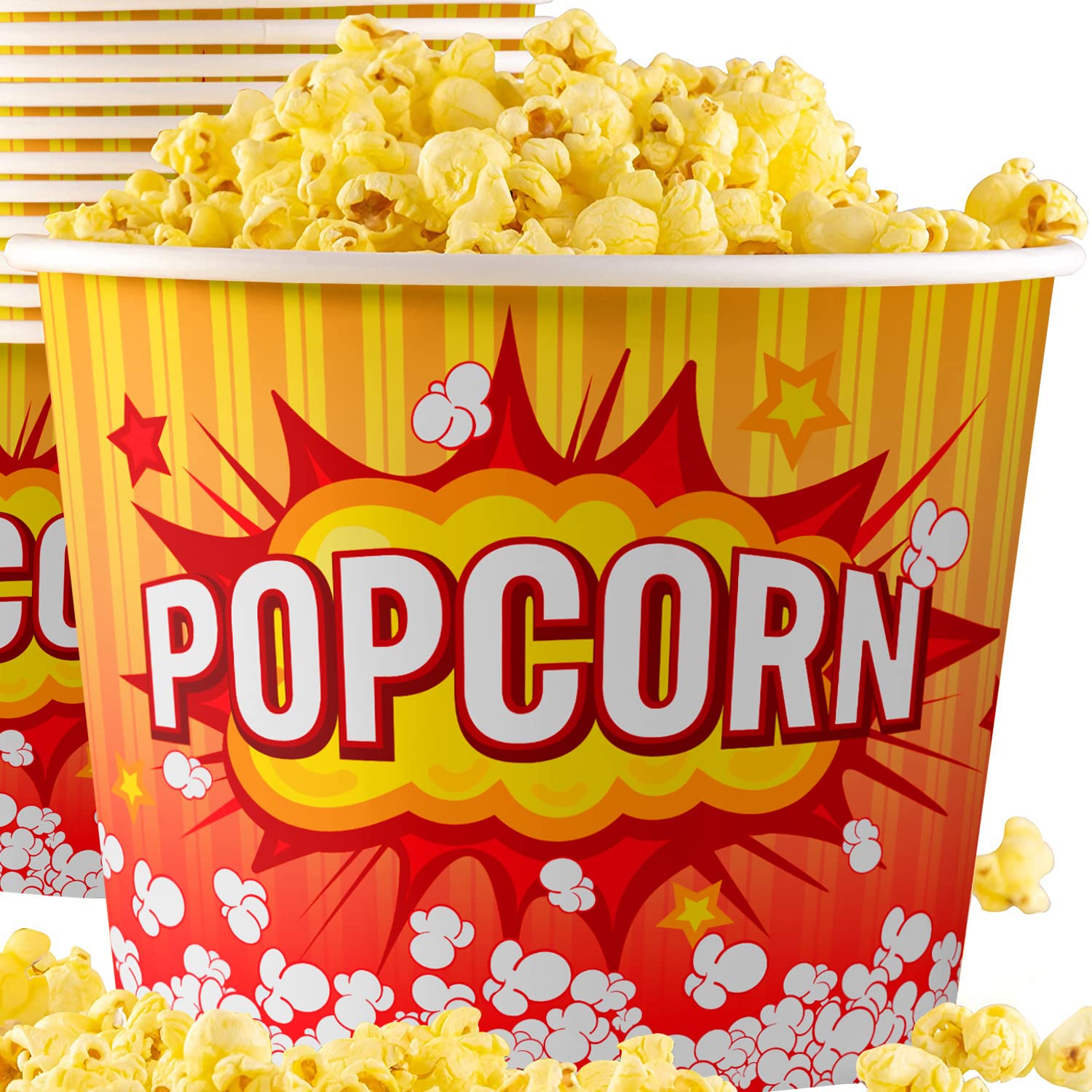 Greaseproof, Retro 85oz Popcorn Buckets 50 Pack. Reusable and Durable Pop Corn Tubs in Red Yellow. Large Disposable Containers Perfect For Movie Night, Theme Party, Theater, Carnivals & Fundraisers