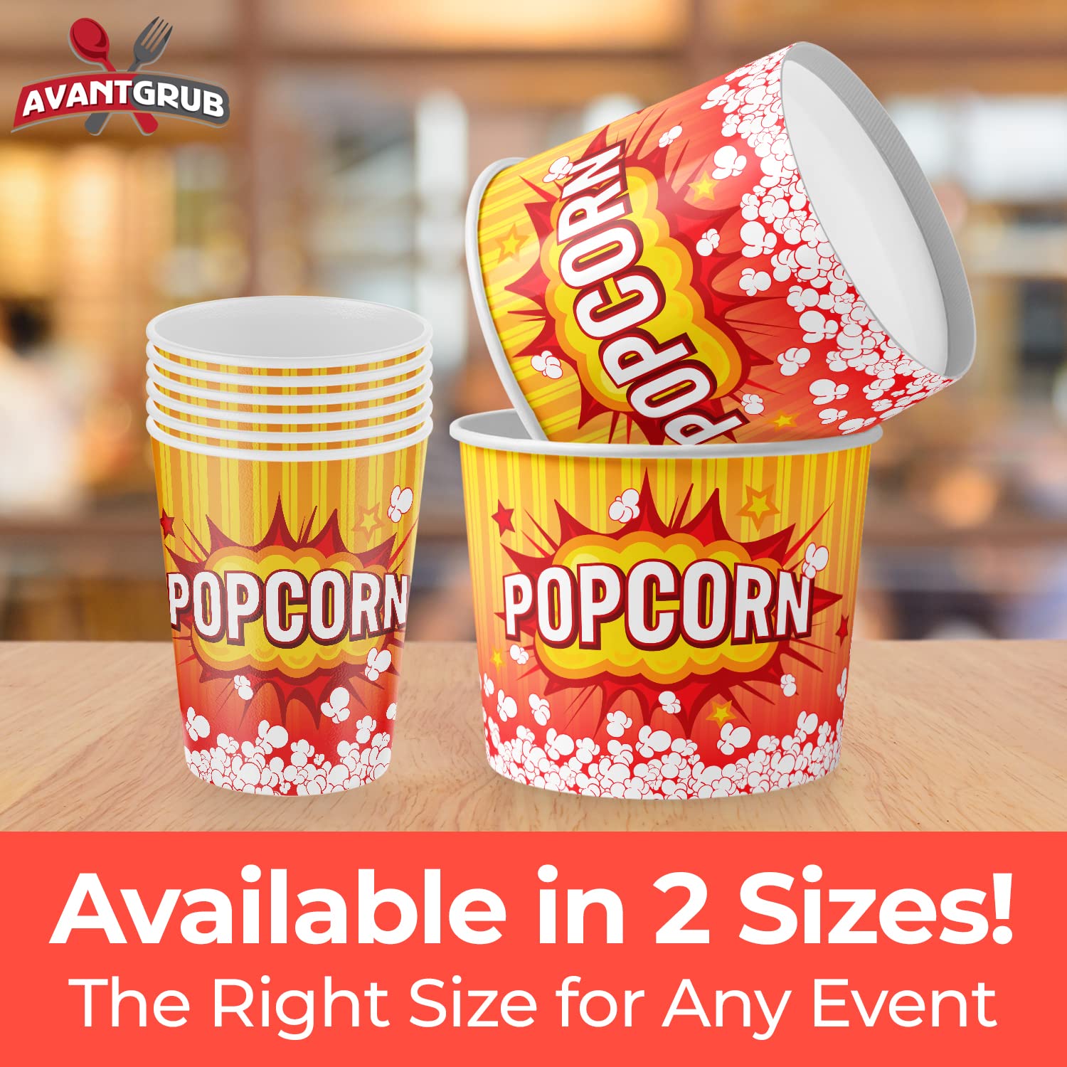 Greaseproof, Retro 85oz Popcorn Buckets 50 Pack. Reusable and Durable Pop Corn Tubs in Red Yellow. Large Disposable Containers Perfect For Movie Night, Theme Party, Theater, Carnivals & Fundraisers