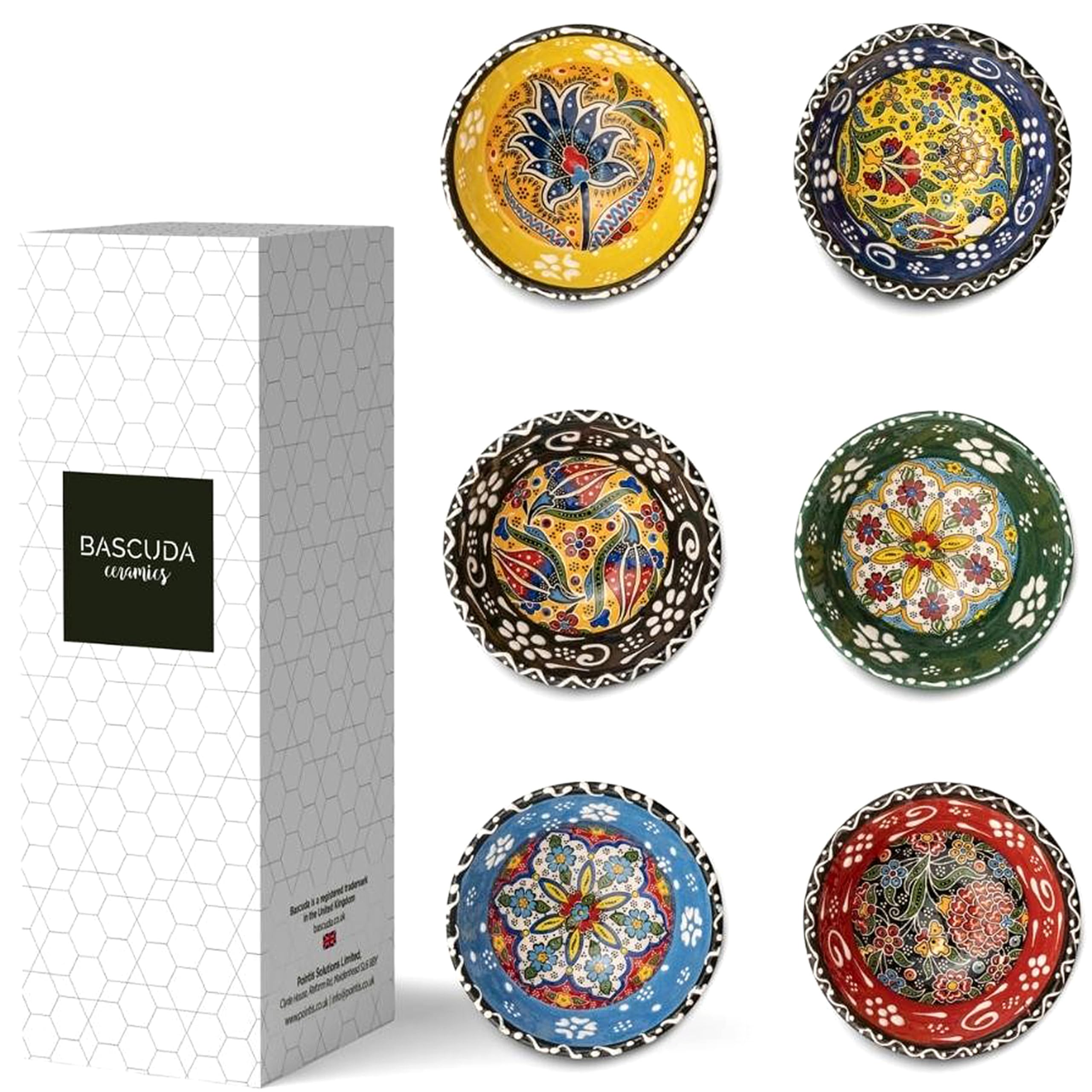 Bascuda® Small Ceramic Bowls Set of 6 with Gift Box - Snack Bowls for Tapas, Dessert, Nuts, Olive, Soy Sauce Dish, Dip - Colourful Decorative Moroccan Spanish Mexican - Decorative Bowl - 3.14 Inches