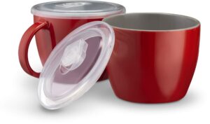 kook soup mugs, soup cups with lid, microwavable soup bowl with handles, ceramic with plastic lid, for overnight oats, travel cups, oversized coffee mug, cereal, 25 oz, set of 2, cherry/grey