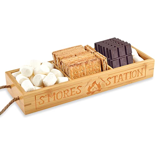 S'mores Station Box Smores Caddy S'mores Bar Holder Wooden Organizer Box for Serving Snacks Camping BBQ Accessories Displaying Utensils