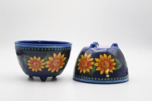 chips and salsa chip dip bowl set - spanish 2 piece small bowl set painted blue dishes with sunflowers - serving bowls for party and fiestas (2)