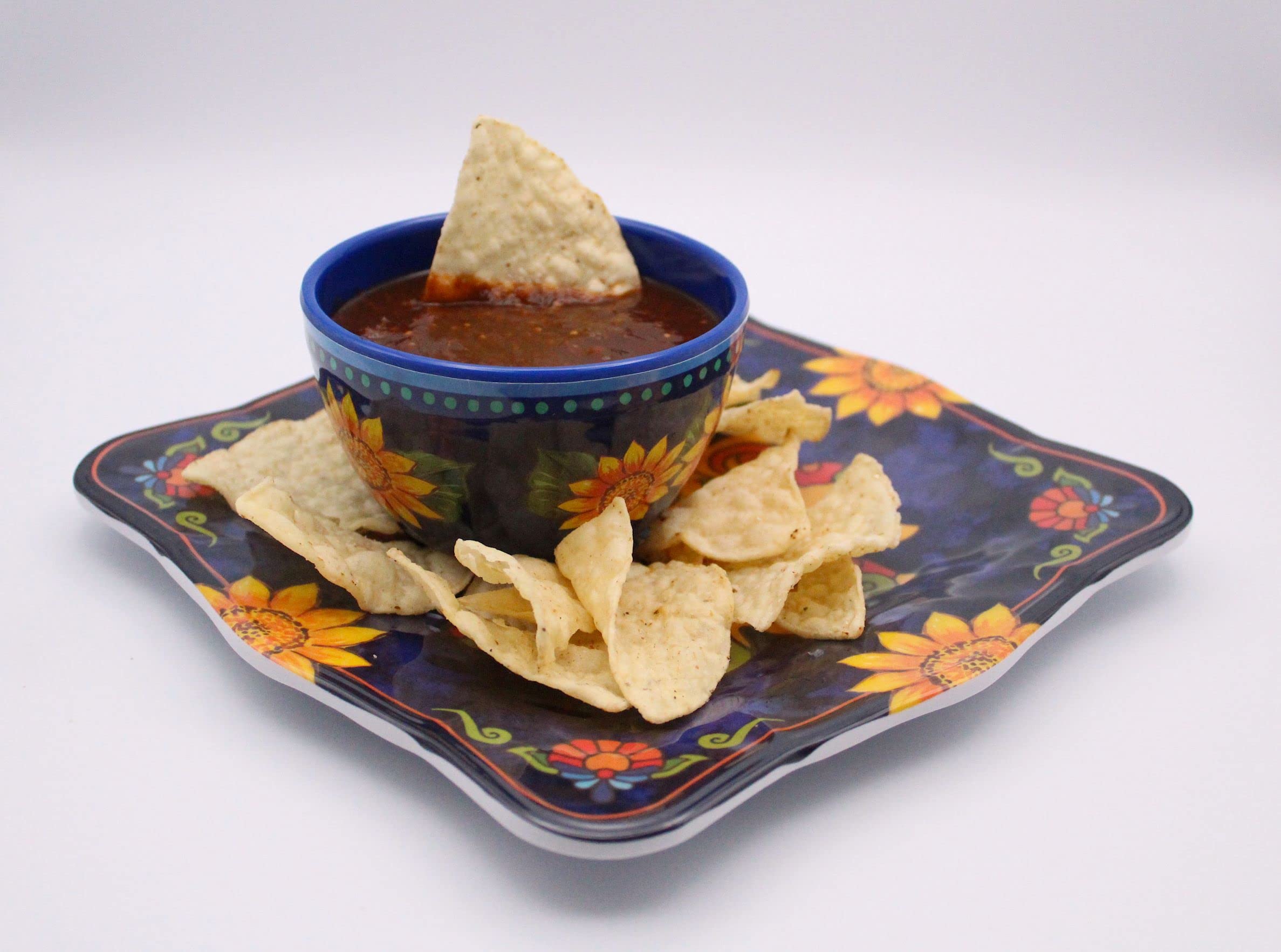 Chips and Salsa Chip Dip Bowl Set - Spanish 2 Piece Small Bowl Set Painted Blue Dishes with Sunflowers - Serving Bowls for Party and Fiestas (2)