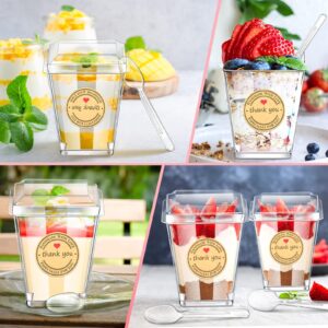 Sieral 50 Packs 5 oz Clear Plastic Dessert Cups with Lids, Spoons Sheets Stickers, Small Square Parfait Appetizer Cups, Party Shooter Serving Cups, Mini Dessert Shot Glasses for Tasting