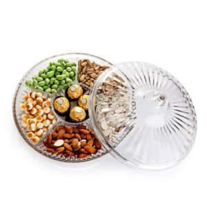 Creative Acrylic Multifunctional Party Snack Tray with Lid,Serving Dishes for Dried Fruits Nuts Candies Fruits,6-Compartment (Round)